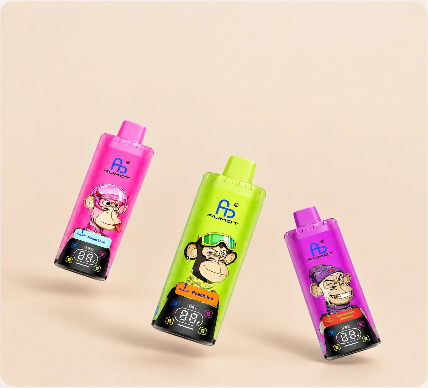 Pink, green and purple FUMOT 4-in-1 vapes with bold monkey artwork and digital displays on a beige background.