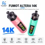 FUMOT Altera 14K disposable vape with two devices, digital displays and adjustable airflow features