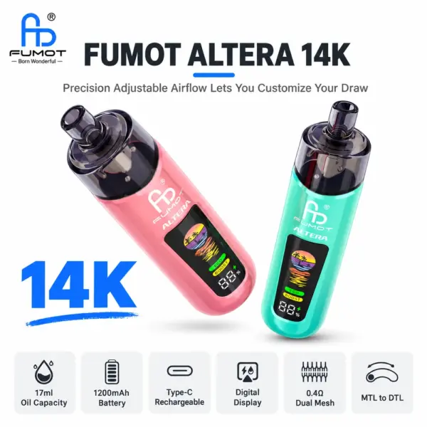 FUMOT Altera 14K disposable vape with two devices, digital displays and adjustable airflow features