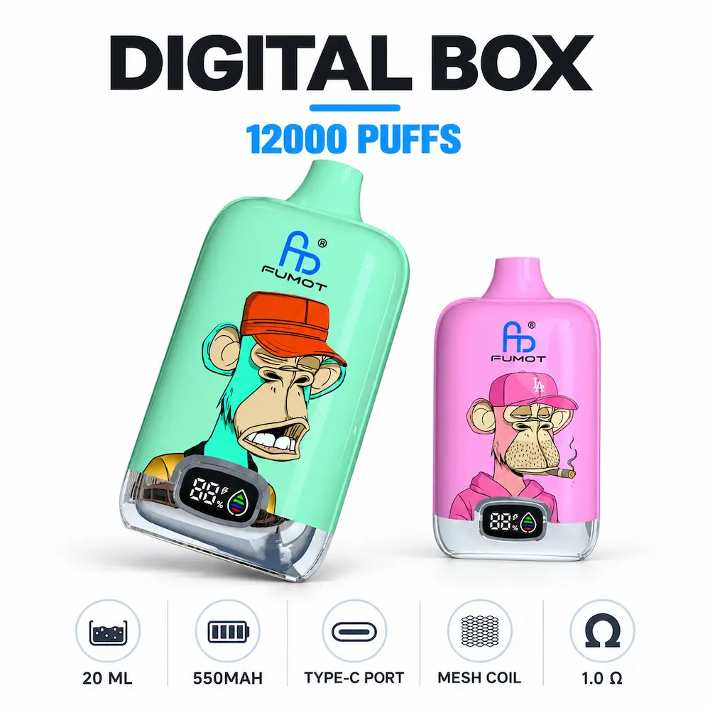 FUMOT Digital Box 12000 rechargeable disposable vape with LED battery and e-liquid display