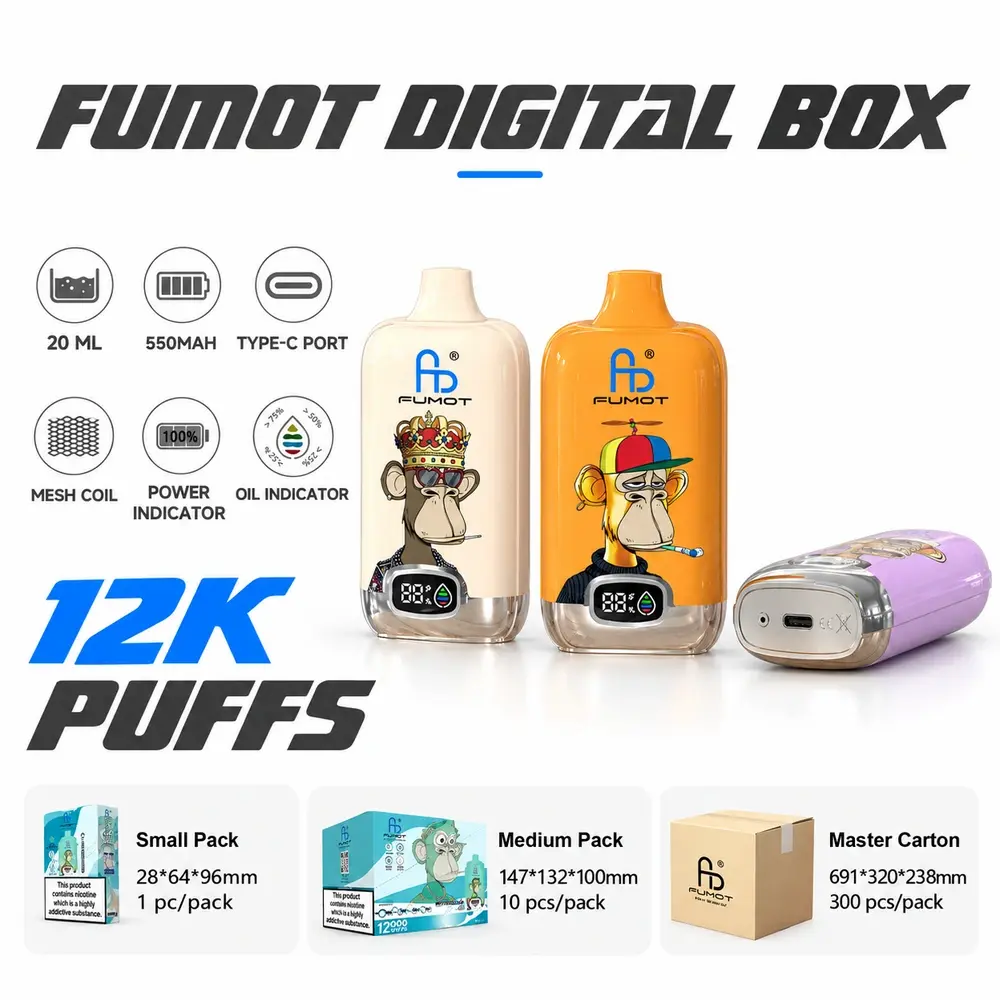 FUMOT Digital Box 12000 rechargeable disposable vape with LED battery and e-liquid display