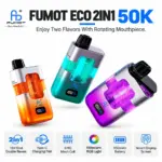 Three FUMOT ECO 2in1 50K dual-flavor vape devices in orange, teal and purple