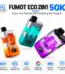 Three FUMOT ECO 2in1 50K dual-flavor vape devices in orange, teal and purple