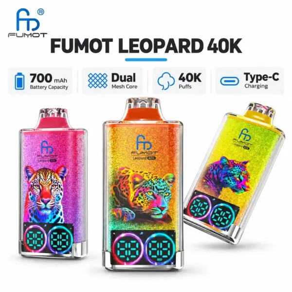 FUMOT Leopard 40K disposable vape with transparent shell, LED indicators and retail packaging