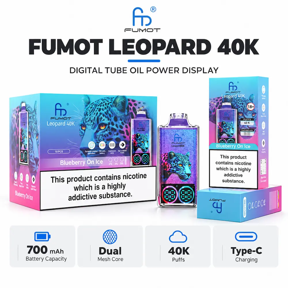 FUMOT Leopard 40K disposable vape and retail packaging