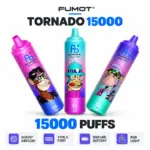 Three Fumot Tornado 15000 disposable vapes with adjustable airflow, Type-C charging, 850mAh battery and RGB light