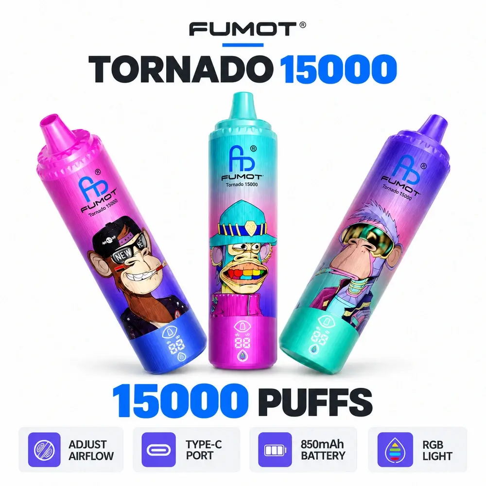 Three Fumot Tornado 15000 disposable vapes with adjustable airflow, Type-C charging, 850mAh battery and RGB light