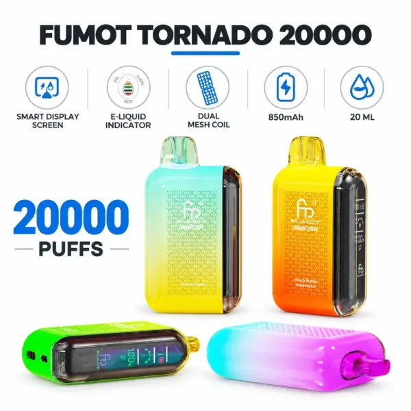 Four FUMOT Tornado 20000 disposable vapes with smart display and dual mesh coil