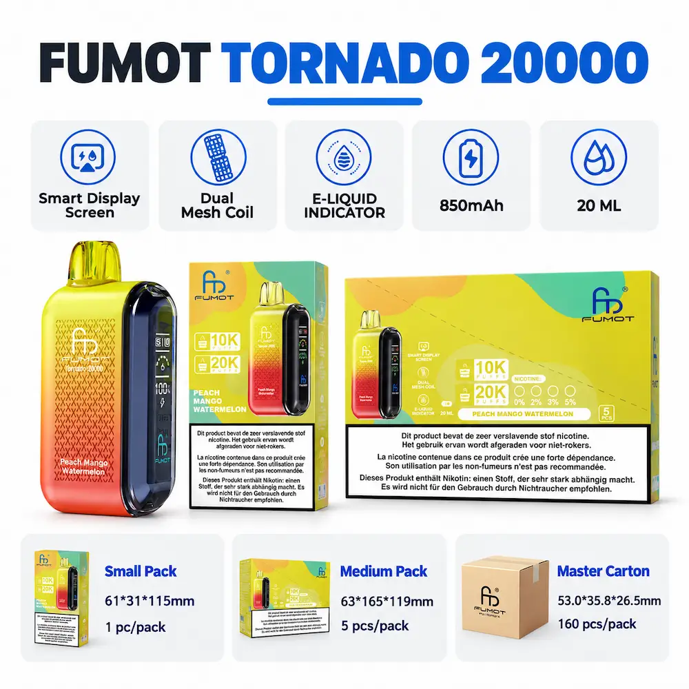 FUMOT Tornado 20000 disposable vape and retail packaging