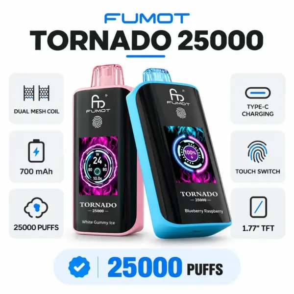 FUMOT Tornado 25000 disposable vape with touchscreen and dual mesh coil