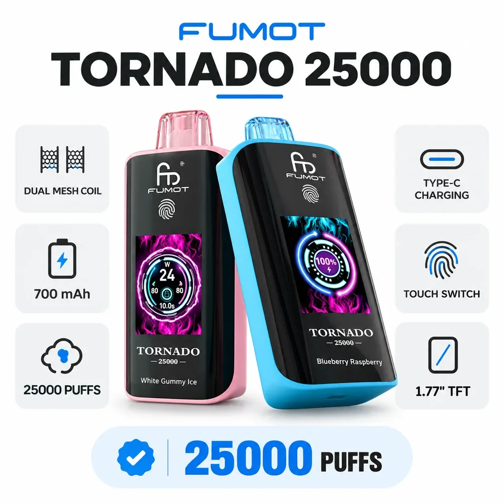 FUMOT Tornado 25000 disposable vape with touchscreen and dual mesh coil