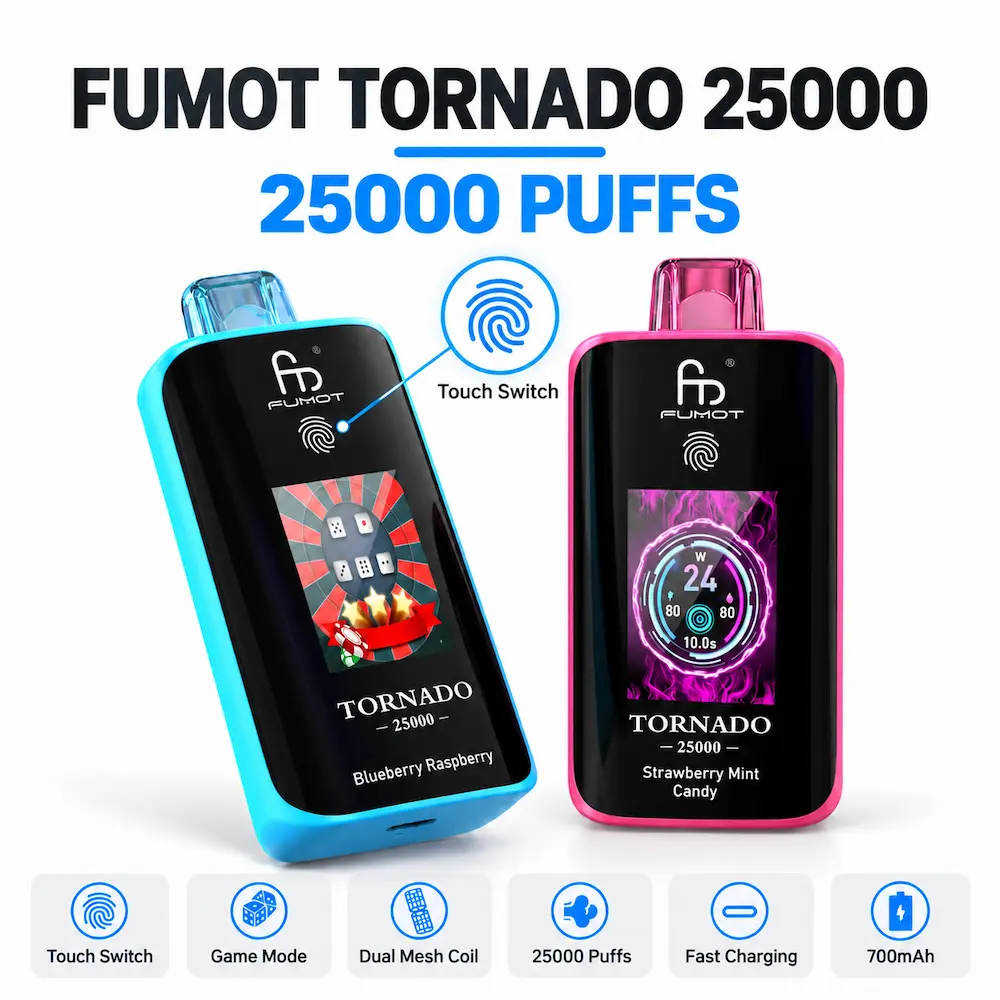 FUMOT Tornado 25000 disposable vape device and packaging