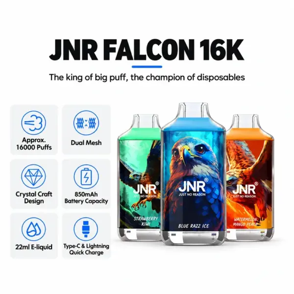 Three JNR Falcon 16K vapes with battery, coil, capacity and charging feature icons