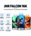Three JNR Falcon 16K vapes with battery, coil, capacity and charging feature icons