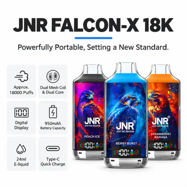 Three JNR Falcon-X 18K vapes with 18000 puffs, dual mesh, digital display and battery features