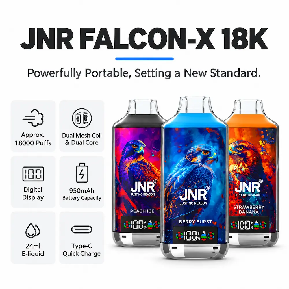 Three JNR Falcon-X 18K vapes with 18000 puffs, dual mesh, digital display and battery features