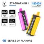 STAGBAR 6-in-1 180K disposable vape with LED display, six mesh coils and Type-C charging