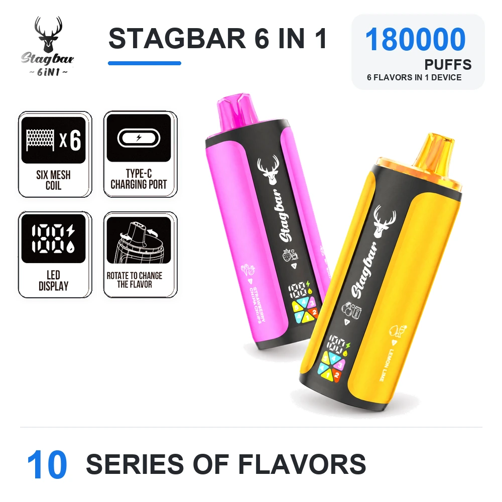 STAGBAR 6-in-1 180K disposable vape with LED display, six mesh coils and Type-C charging