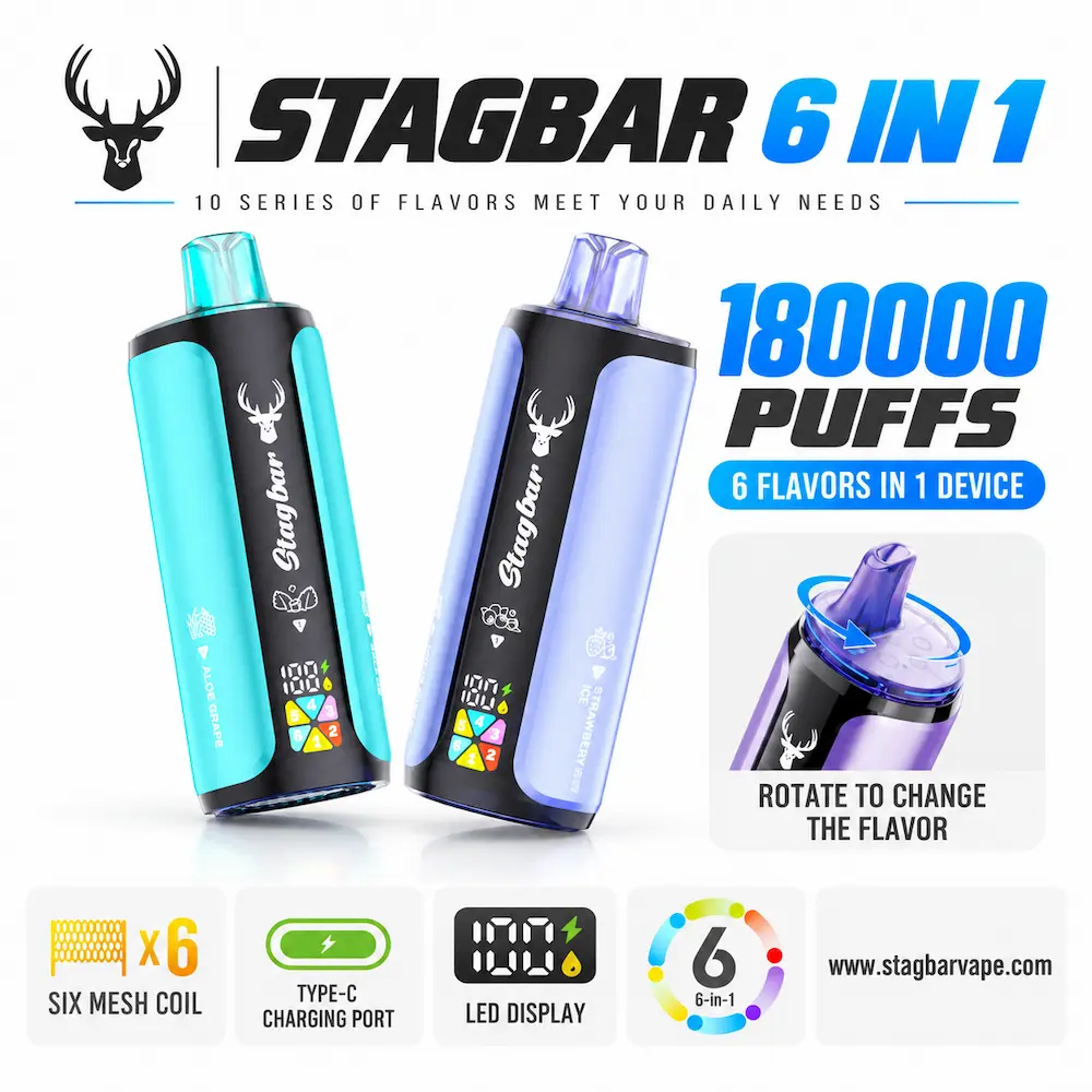 STAGBAR 6-in-1 180K puffs disposable vape with six-flavor selection