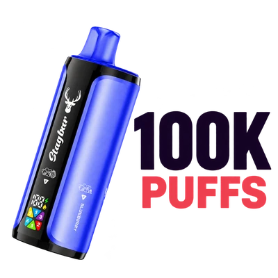 Blue STAGBAR 6in1 Berry Edition vape beside 100K PUFFS category text