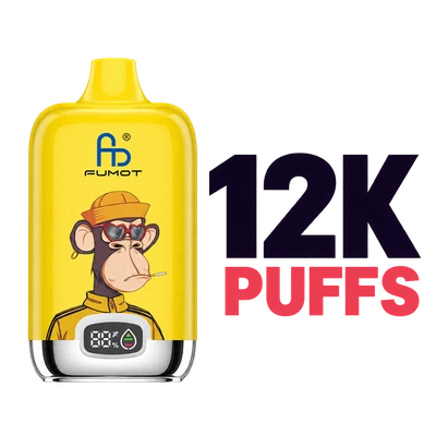 Yellow FUMOT Digital Box vape beside 12K PUFFS text on a transparent background Title： 12000 Puff Vapes Category Thumbnail