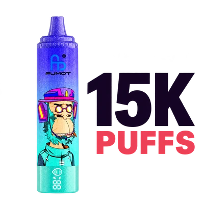 Purple and turquoise FUMOT Tornado vape beside 15K PUFFS text on a transparent background Title： 15000 Puff Vapes Category Thumbnail