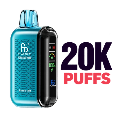 Turquoise FUMOT Tornado 20000 vape beside 20K PUFFS text on a transparent background Title： 20000 Puff Vapes Category Thumbnail