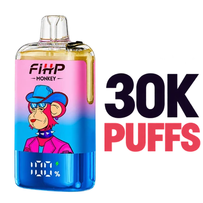 Pink and blue FIHP Monkey vape beside 30K PUFFS text