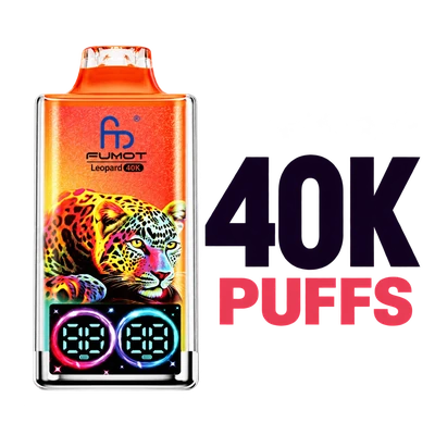 Orange FUMOT Leopard 40K vape with leopard artwork beside 40K PUFFS text