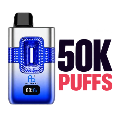 Silver and blue FUMOT ECO 2in1 vape beside 50K PUFFS text on a transparent background