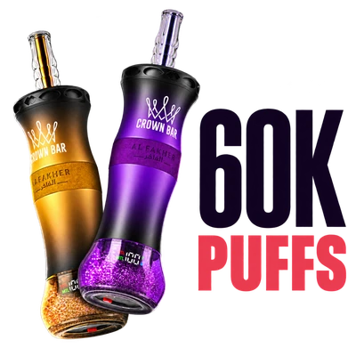 Gold and purple Al Fakher Crown Bar Cloud X devices beside 60K PUFFS text