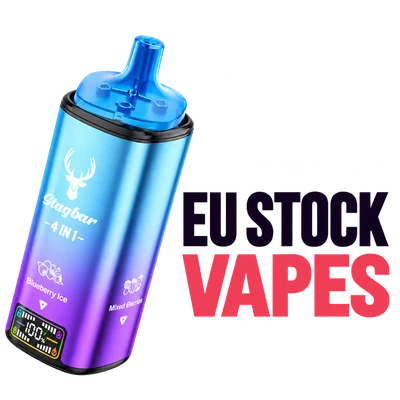Blue and purple STAGBAR 4in1 vape beside EU STOCK VAPES text