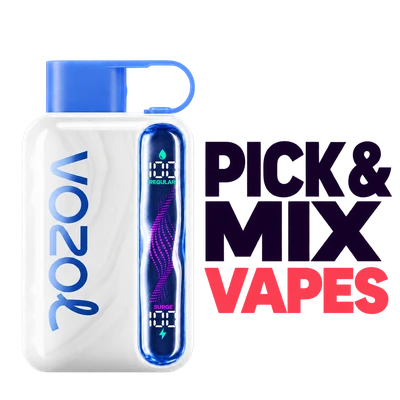 White and blue VOZOL Star vape beside PICK & MIX VAPES text