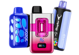Three vaping devices in blue, pink and lavender arranged in an overlapping display.