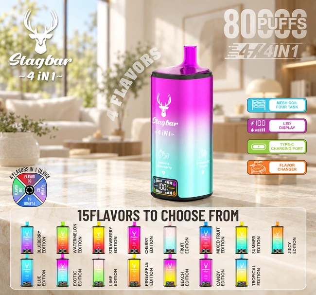 STAG BAR 4-in-1 80K Puff device with 15 edition options and feature icons in a minimalist home setting.