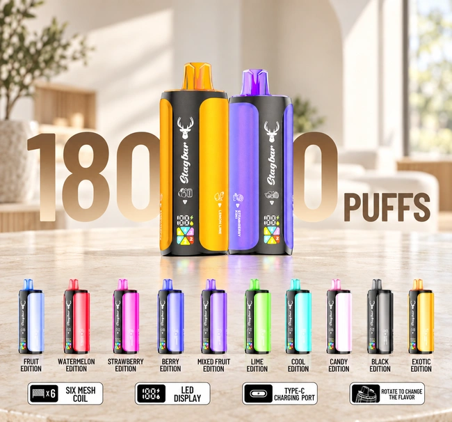 STAG BAR 6-in-1 180K Puff devices with 10 edition options displayed in a bright minimalist home setting.