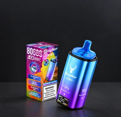 STAGBAR 4-in-1 80000 puffs disposable vape with blue-purple device and retail packaging on a dark background